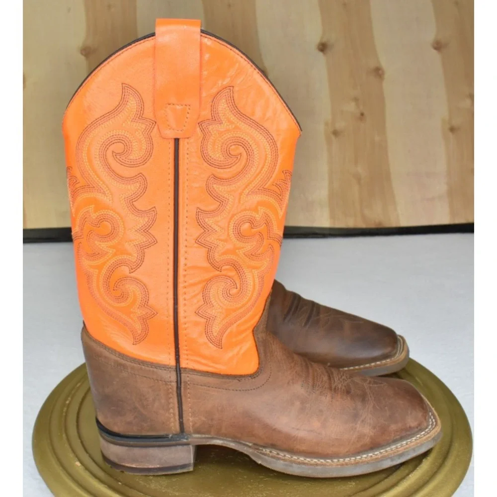 Old West Unisex Youth Boots Size 3.5 D Western Brown/Orange Embroidered
